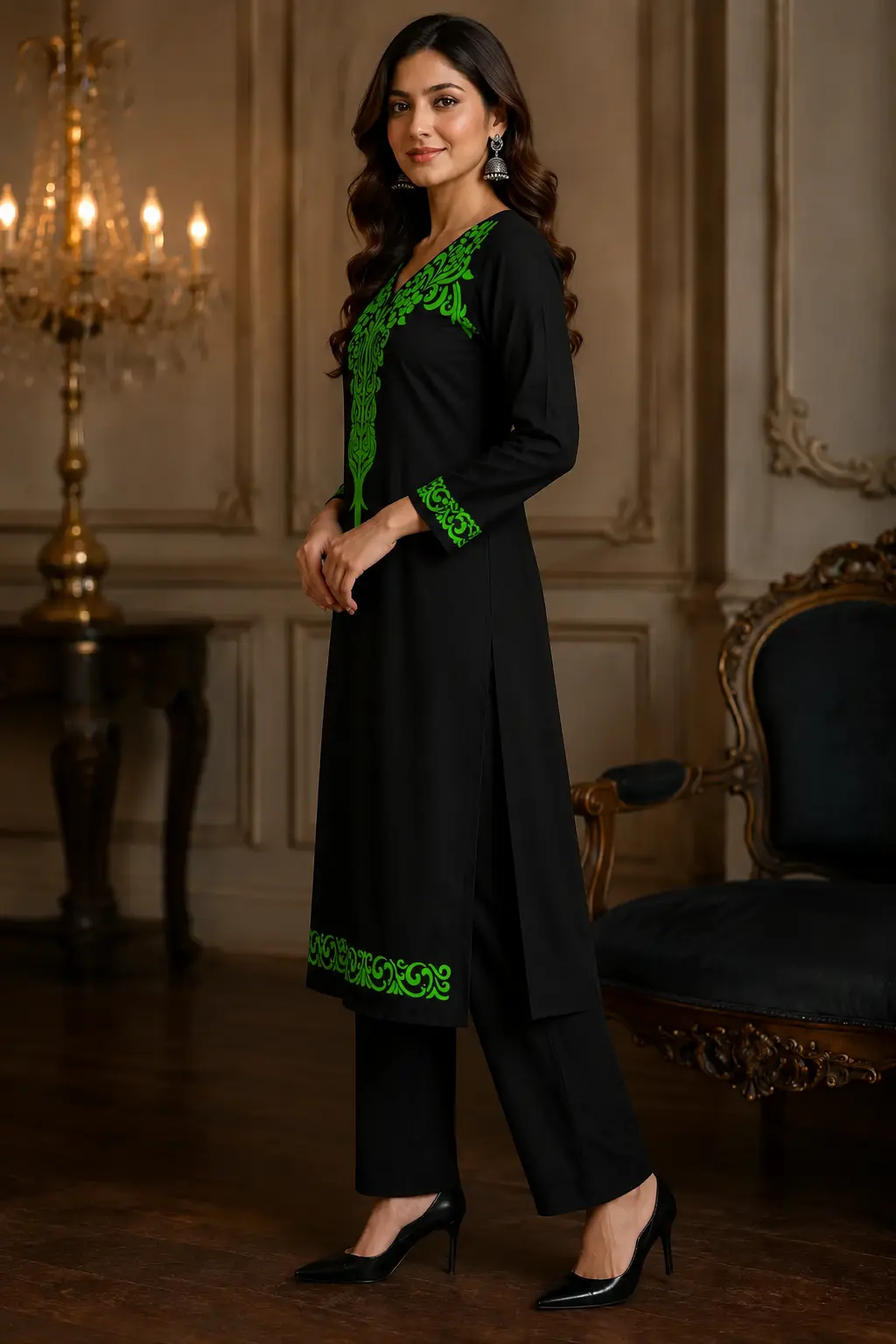 Women's Black Cotton Embroidered Kurti Set with Pants featuring green floral neck embroidery, full sleeves, straight-fit design, and matching black pants.