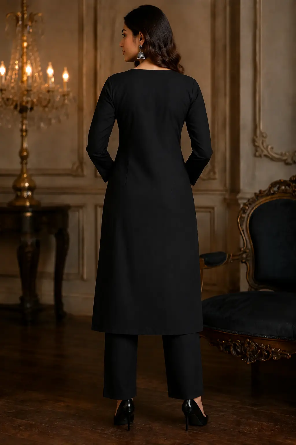 Women's Black Cotton Embroidered Kurti Set with Pants featuring green floral neck embroidery, full sleeves, straight-fit design, and matching black pants.