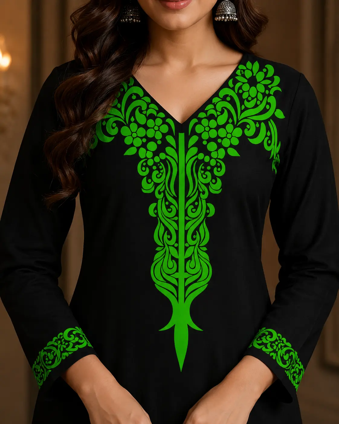 Women's Black Cotton Embroidered Kurti Set with Pants featuring green floral neck embroidery, full sleeves, straight-fit design, and matching black pants.