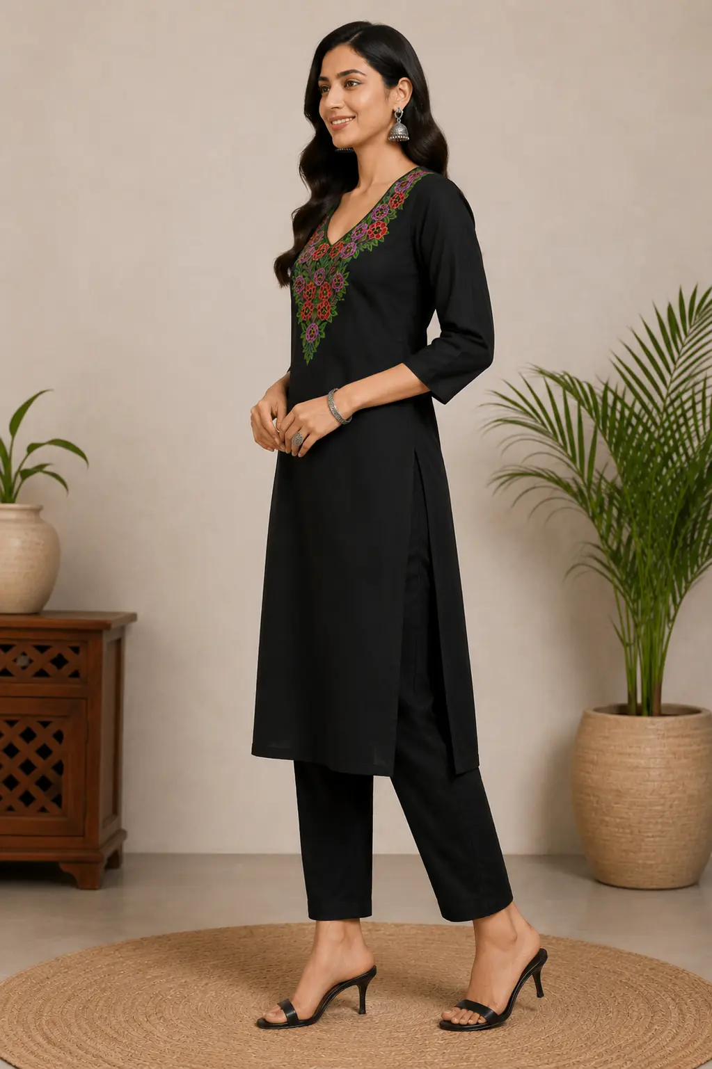 Black floral embroidered straight kurta for women featuring colorful V-neck floral embroidery, three-quarter sleeves, and elegant ethnic design.