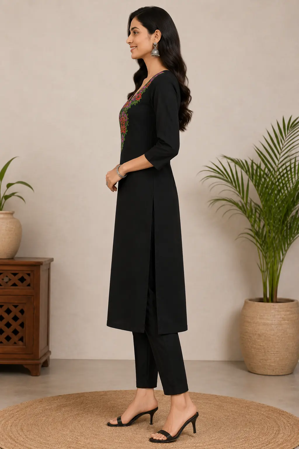 Black floral embroidered straight kurta for women featuring colorful V-neck floral embroidery, three-quarter sleeves, and elegant ethnic design.