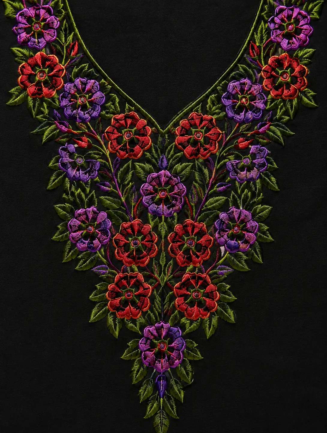 Black floral embroidered straight kurta for women featuring colorful V-neck floral embroidery, three-quarter sleeves, and elegant ethnic design.