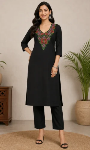 Black floral embroidered straight kurta for women featuring colorful V-neck floral embroidery, three-quarter sleeves, and elegant ethnic design.