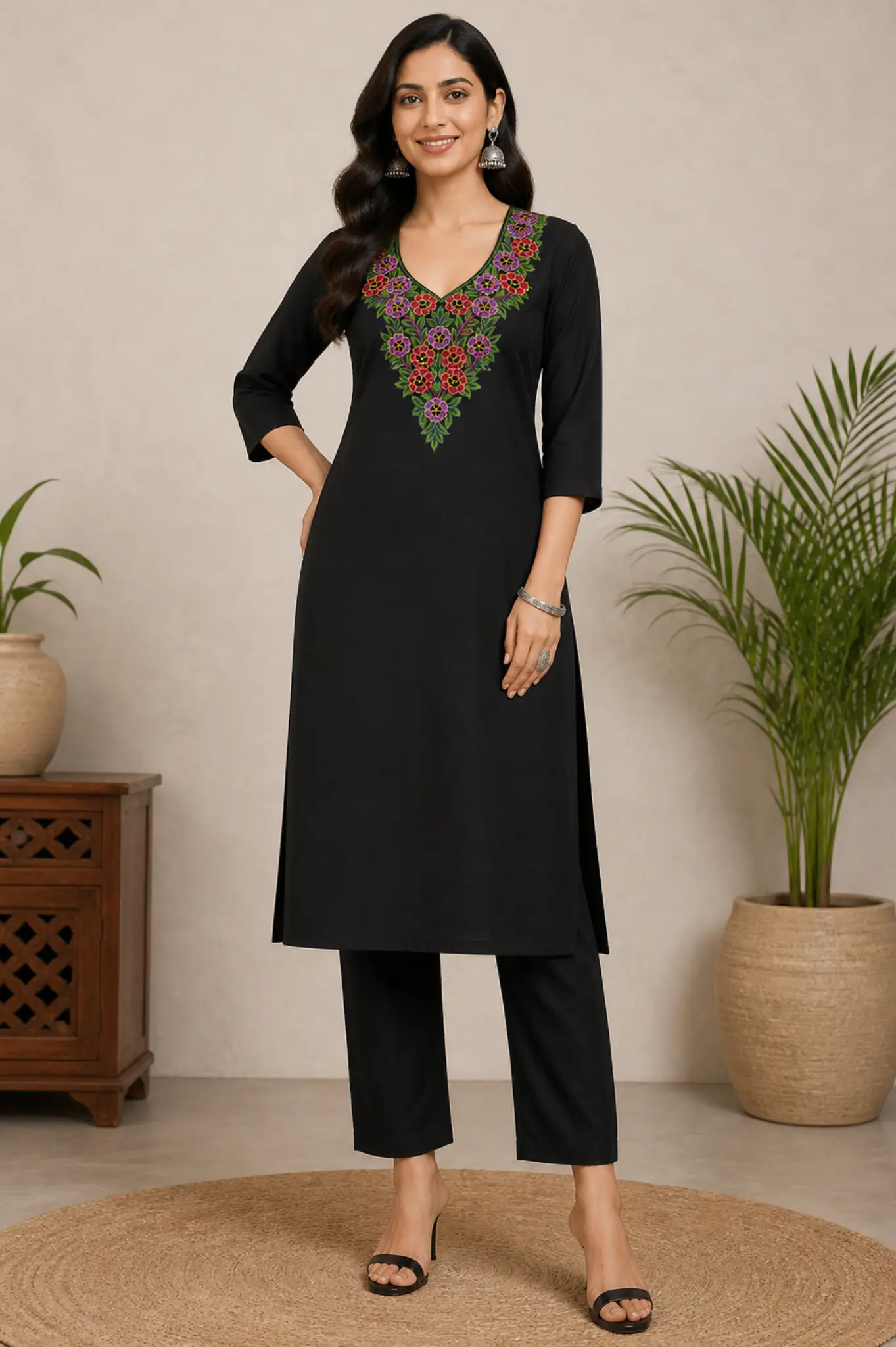 Black floral embroidered straight kurta for women featuring colorful V-neck floral embroidery, three-quarter sleeves, and elegant ethnic design.