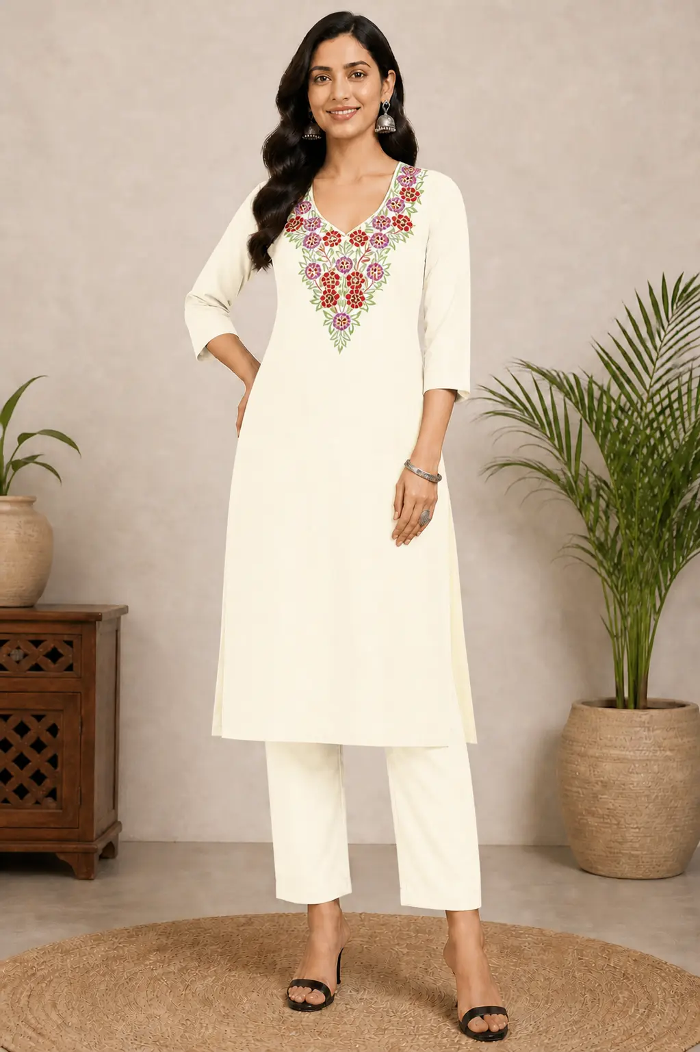 Off white floral embroidered straight kurta for women featuring colorful V-neck floral embroidery, three-quarter sleeves, and elegant ethnic design.