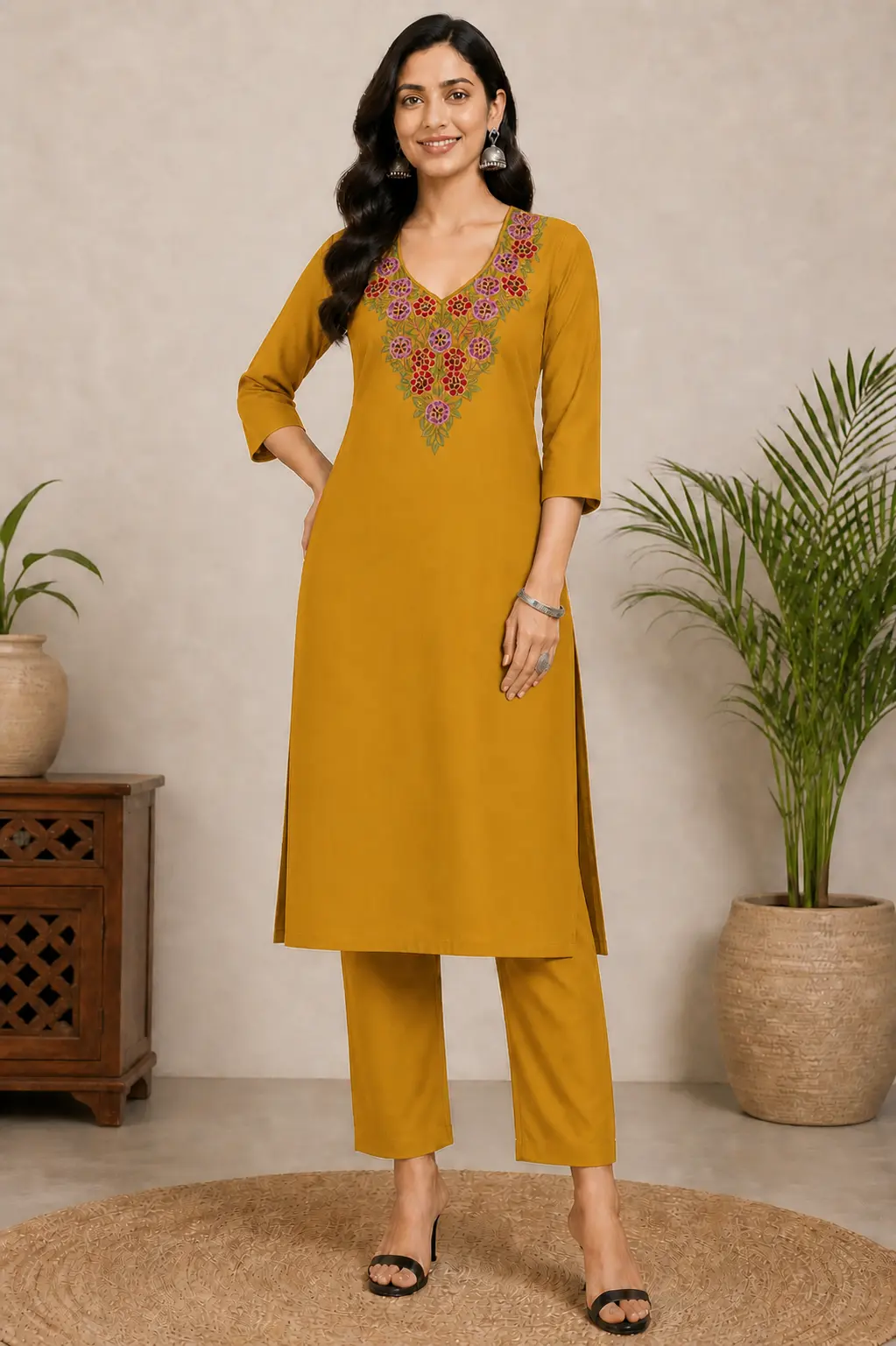 Mustard floral embroidered straight kurta for women featuring colorful V-neck floral embroidery, three-quarter sleeves, and elegant ethnic design.