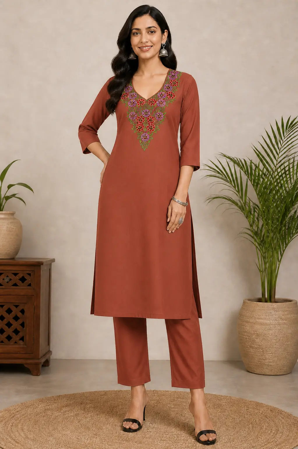 Brown floral embroidered straight kurta for women featuring colorful V-neck floral embroidery, three-quarter sleeves, and elegant ethnic design.