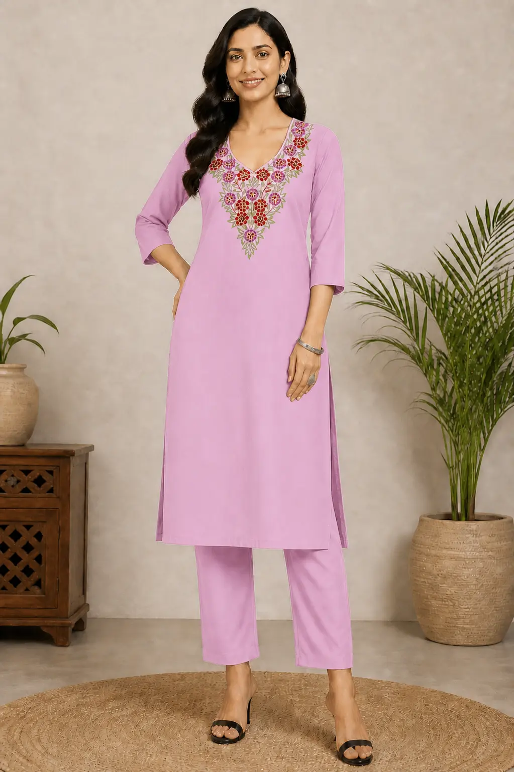 Pink floral embroidered straight kurta for women featuring colorful V-neck floral embroidery, three-quarter sleeves, and elegant ethnic design.