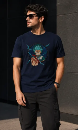 Model wearing a premium cotton T-shirt featuring Izuku Midoriya (Deku) from My Hero Academia with a bold anime graphic print and comfortable casual fit.