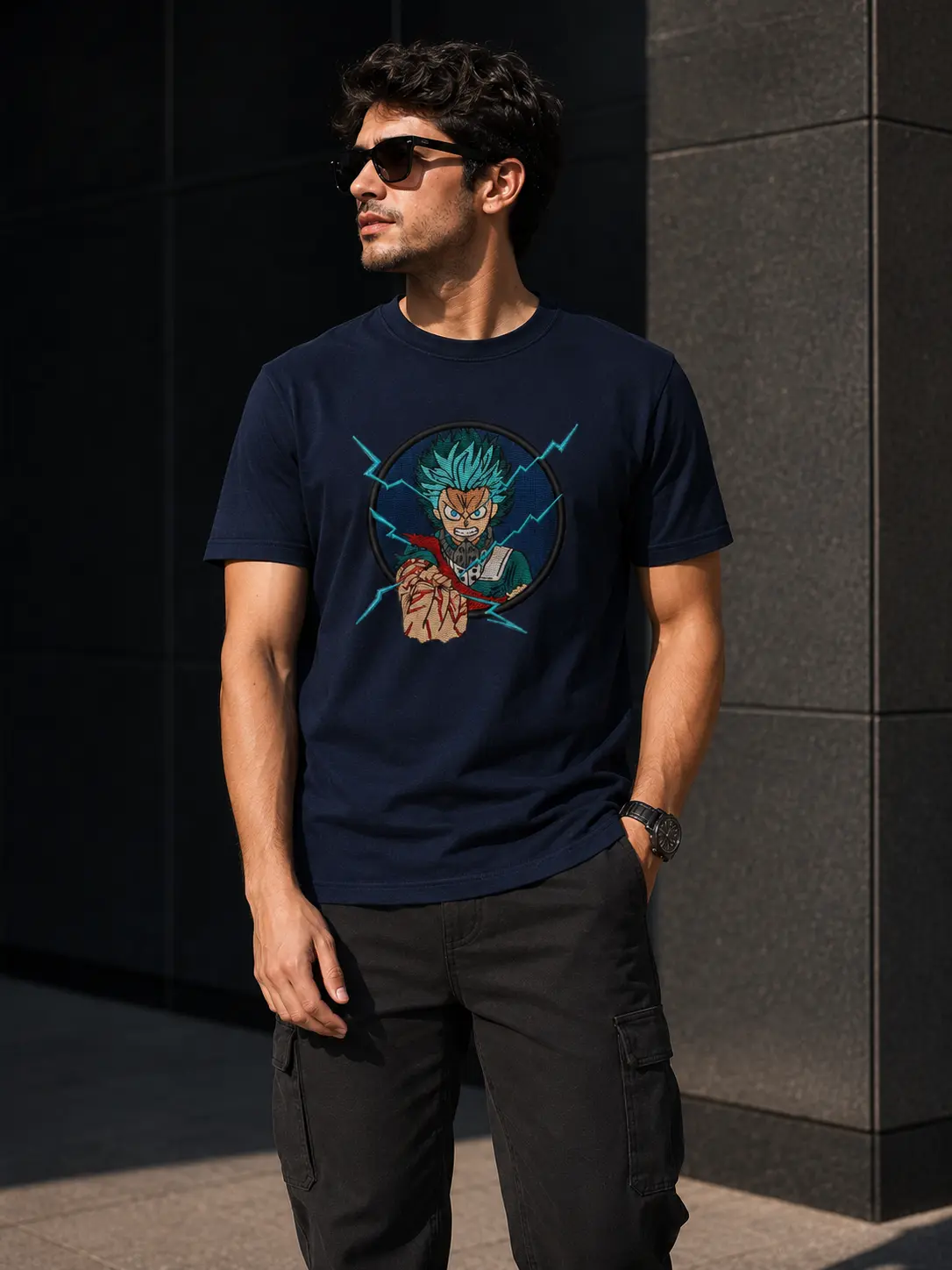 Model wearing a premium cotton T-shirt featuring Izuku Midoriya (Deku) from My Hero Academia with a bold anime graphic print and comfortable casual fit.