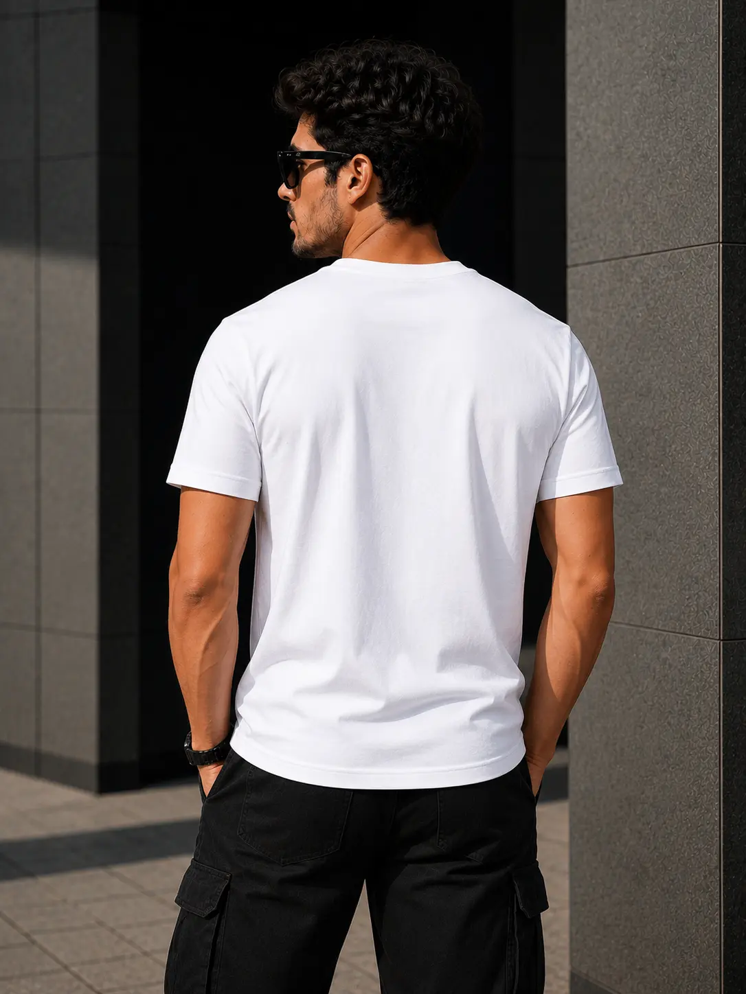 Model wearing a premium cotton T-shirt featuring high-quality embroidered Vegeta artwork inspired by Dragon Ball with detailed textured stitching.