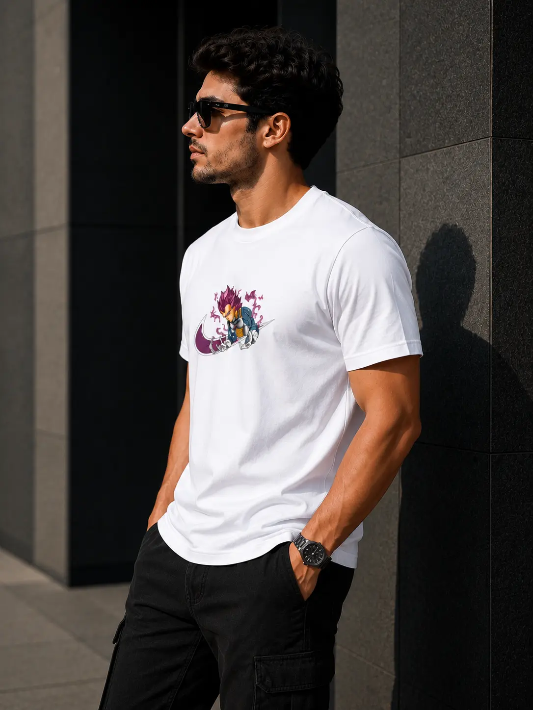 Model wearing a premium cotton T-shirt featuring high-quality embroidered Vegeta artwork inspired by Dragon Ball with detailed textured stitching.
