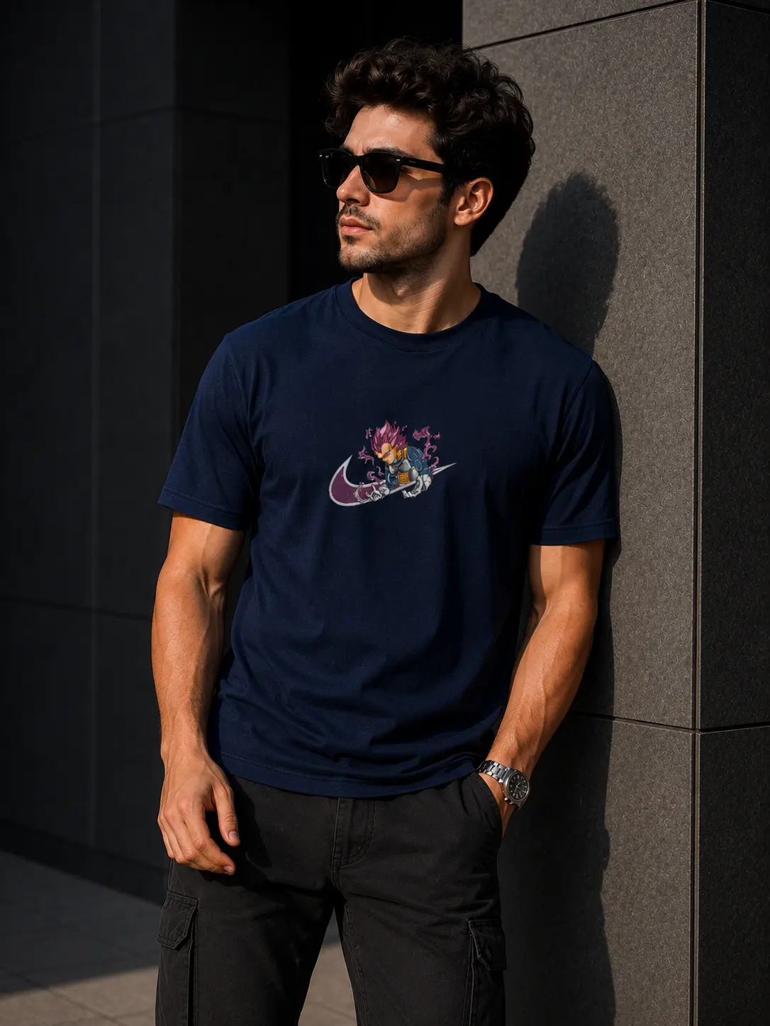 Model wearing a premium cotton T-shirt featuring high-quality embroidered Vegeta artwork inspired by Dragon Ball with detailed textured stitching.