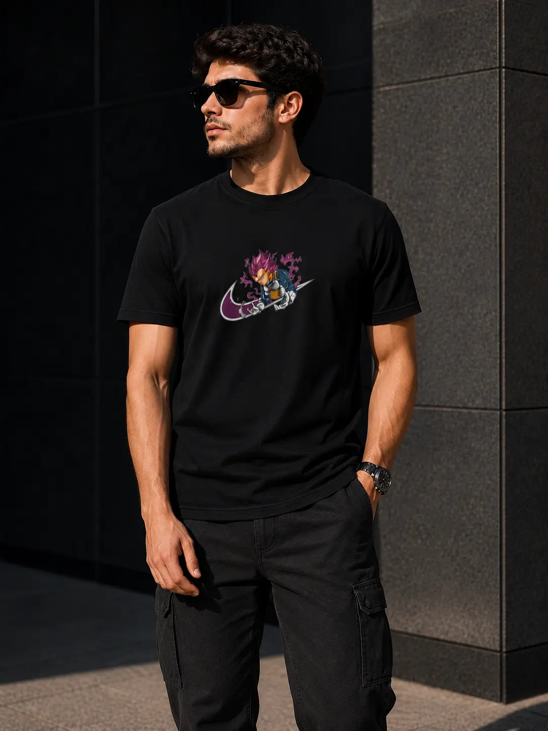 Model wearing a premium cotton T-shirt featuring high-quality embroidered Vegeta artwork inspired by Dragon Ball with detailed textured stitching.