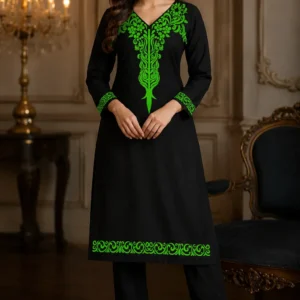 Women's Black Cotton Embroidered Kurti Set with Pants | Floral Neck Design