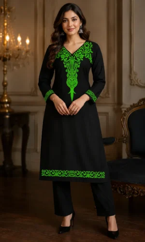 Women's Black Cotton Embroidered Kurti Set with Pants featuring green floral neck embroidery, full sleeves, straight-fit design, and matching black pants.