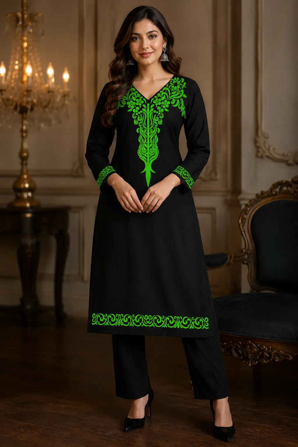 Women's Black Cotton Embroidered Kurti Set with Pants | Floral Neck Design