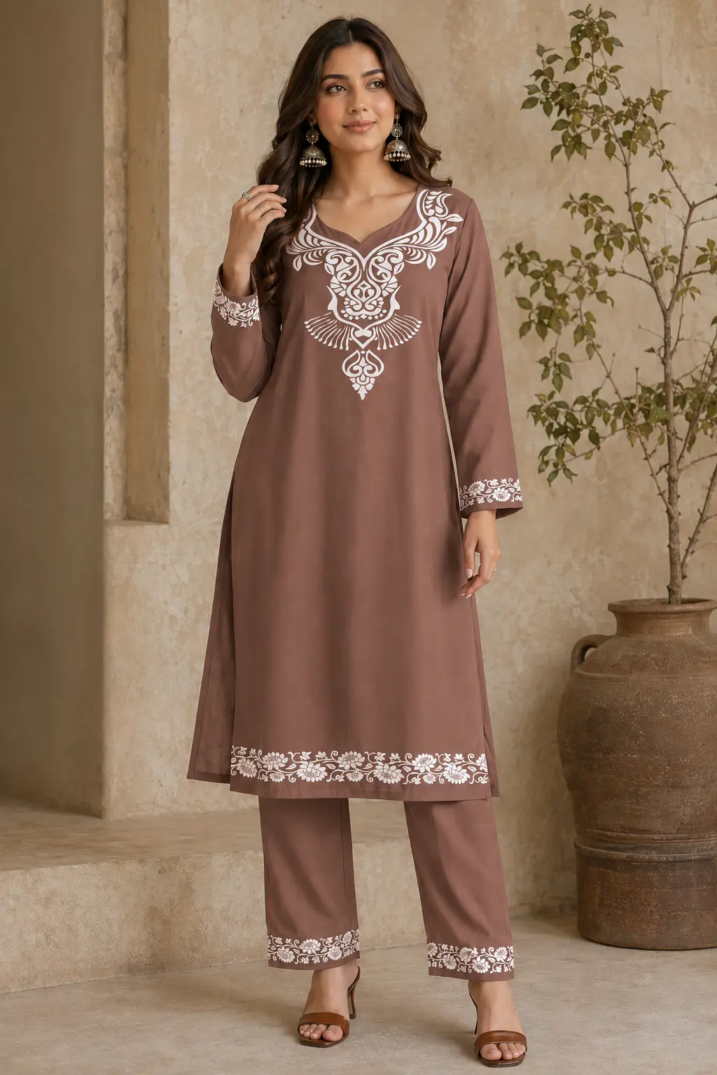 Women's straight kurta set featuring elegant white ornamental V-neck print with matching pants for ethnic and festive wear.