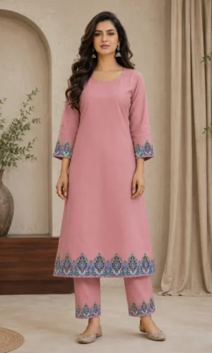 Product Name: Elegant Dusty Pink Border Printed Kurti Pant Set