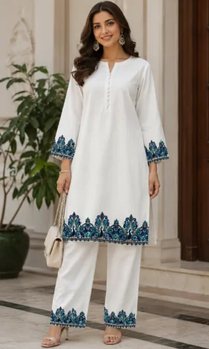 Off-White Cotton Straight Kurti Pant Set with Blue Peacock Border Print