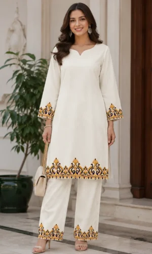 Elegant Off-White Kurti Pant Set with Yellow & Navy Border Print