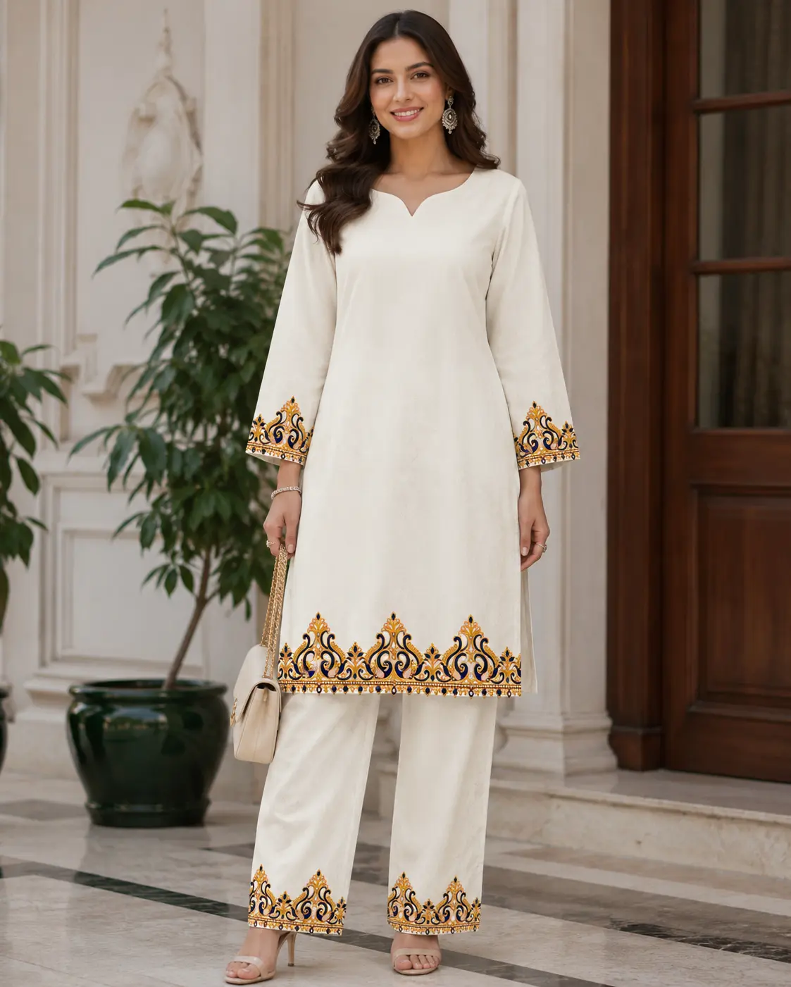 Elegant Off-White Kurti Pant Set with Yellow & Navy Border Print