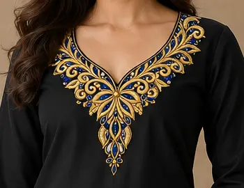 Elegant Black Kurti Pant Set with Gold & Blue Yoke Border Print