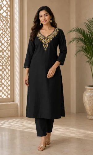 Elegant Black Kurti Pant Set with Gold & Blue Yoke Border Print
