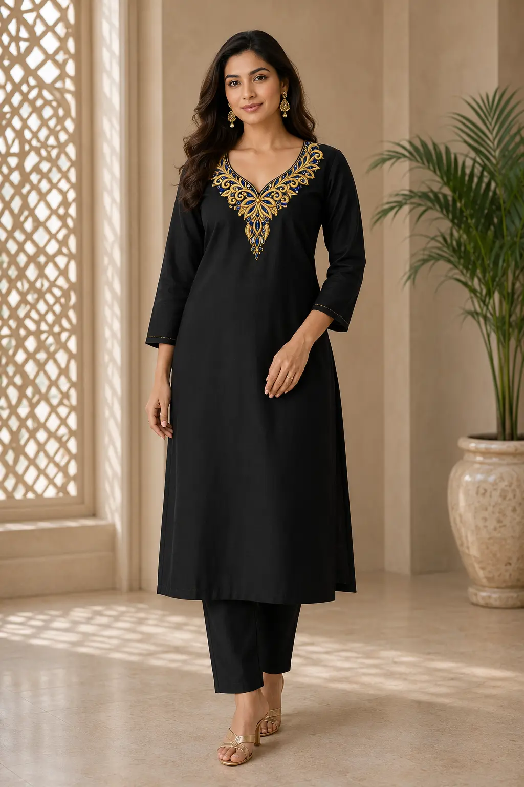 Elegant Black Kurti Pant Set with Gold & Blue Yoke Border Print