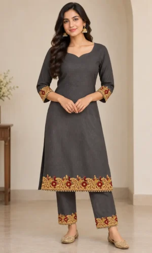 Charcoal Grey Kurti Pant Set with Gold Peacock Border