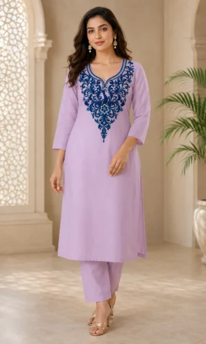 Elegant Lavender Kurti Pant Set with Peacock Yoke Print
